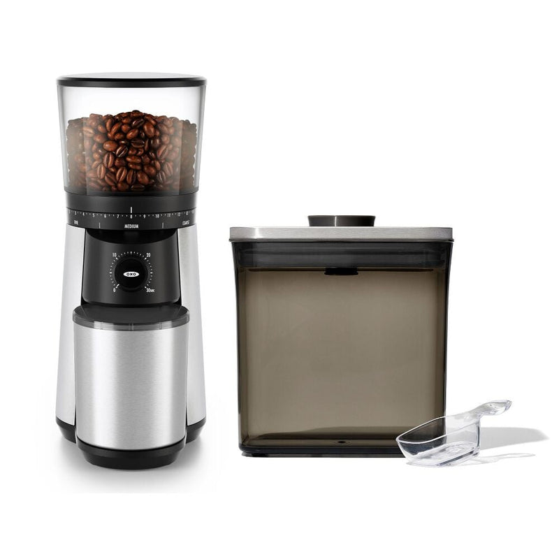 Conical Burr Coffee Grinder & Steel Coffee POP Container (1.7 Qt) with Scoop Bundle D8