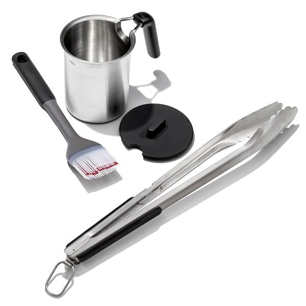Grilling Basting Pot and Brush Set & Grilling Tongs with Built-In Bottle Opener Bundle J1