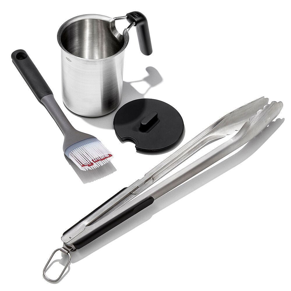 Grilling Basting Pot and Brush Set & Grilling Tongs with Built-In Bottle Opener Bundle J1