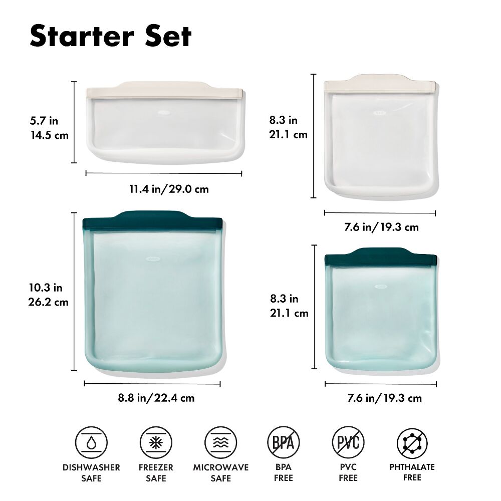 Silicone Reusable Bag - 4 Piece Starter Set - Oat/Lagoon M7